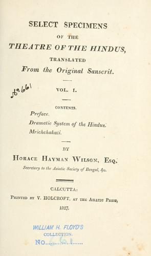 Cover of SELECT SPECIMENS OF THE THEATRE OF THE HINDUS 3RD ED 2 VOL SET